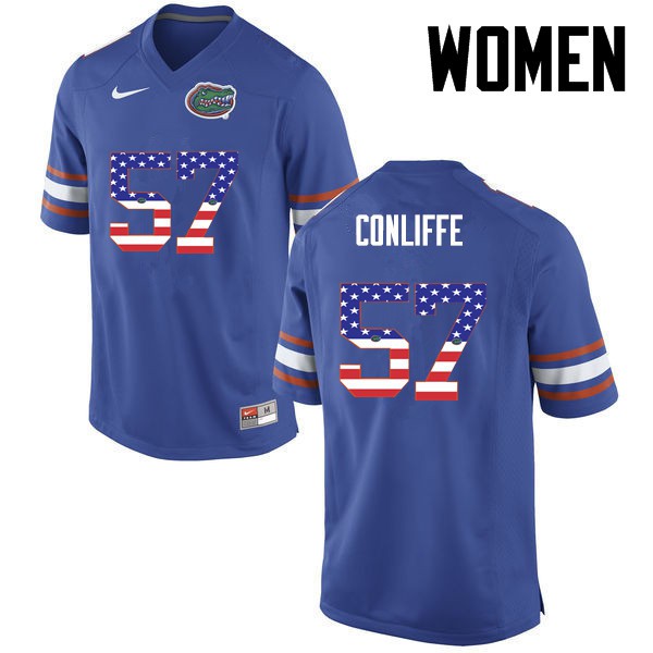 Florida Gators Women #57 Elijah Conliffe College Football Jersey USA Flag Fashion Blue